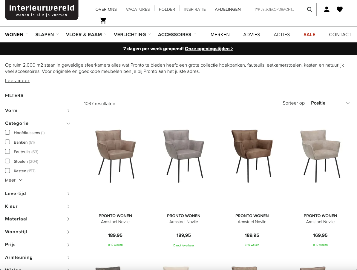 Pronto Wonen overzicht beschikbaarheid binnen Interieurwereld