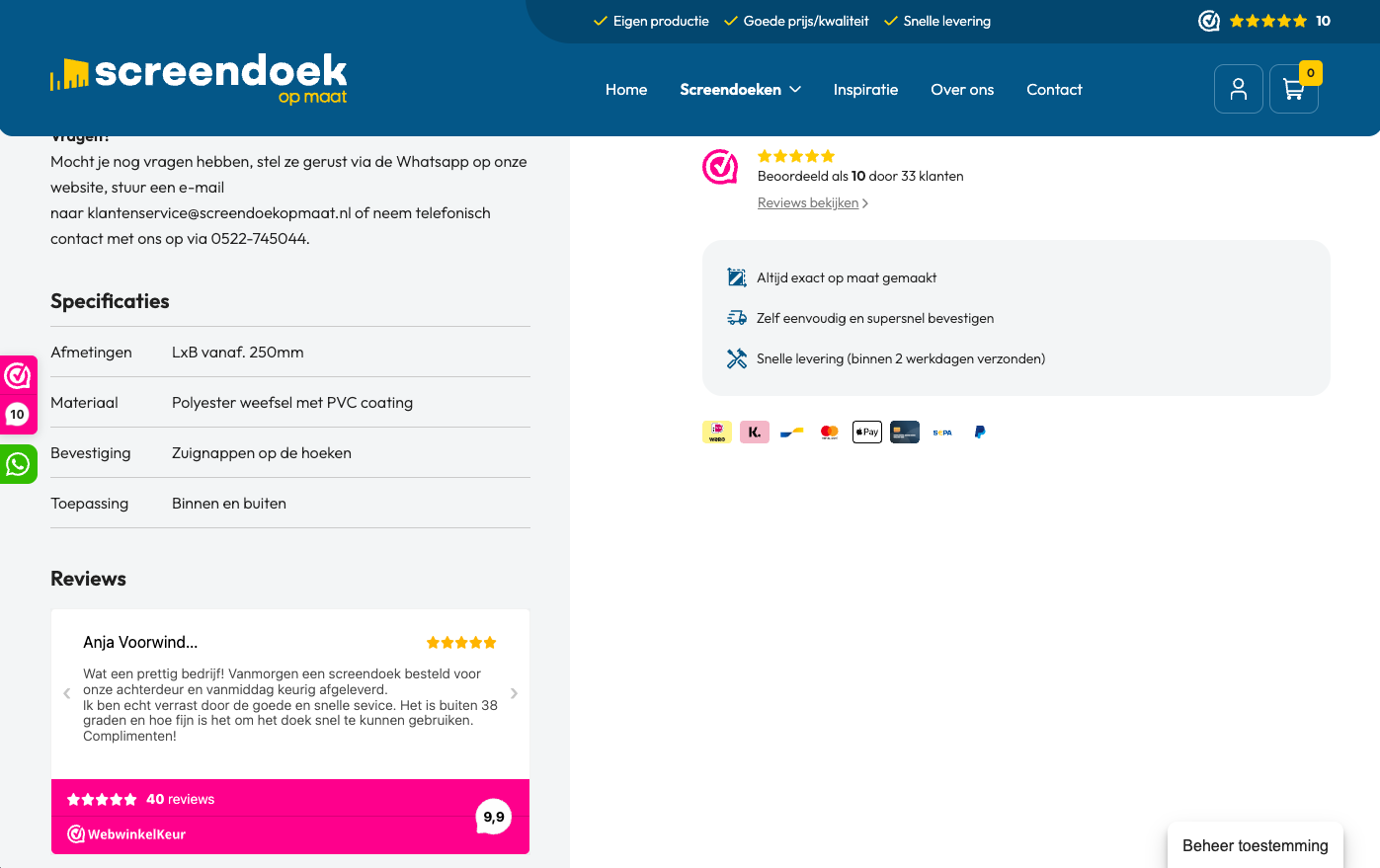 Screendoekopmaat website webshop webwinkelkeur review koppeling online configurator door Gaaf digital agency